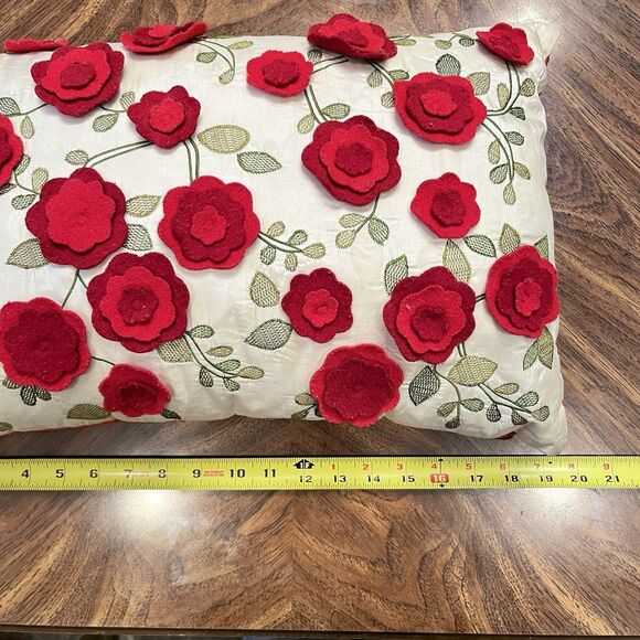 Pier 1 One Imports Throw Pillow Down Red Rose Felt Decor 3D Floral Cherry Red - Picture 8 of 11